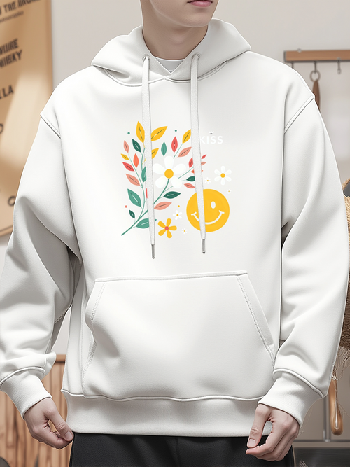Men's Graphic Hoodie Colorful Leaves And Flowers With Smiling Face Blossom