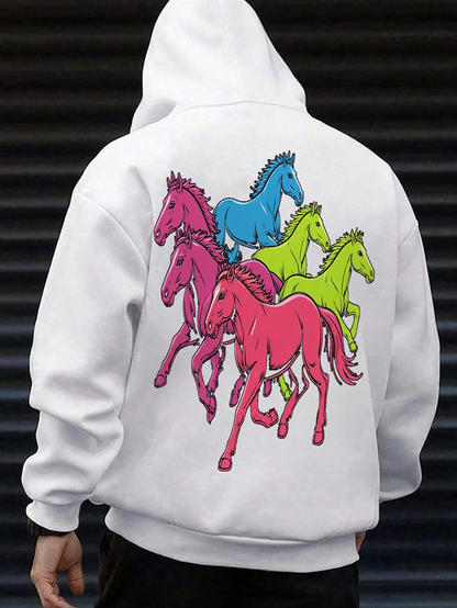 Men's Graphic Hoodie Neon Colors Dynamic Galloping Horses Artwork Hoodie