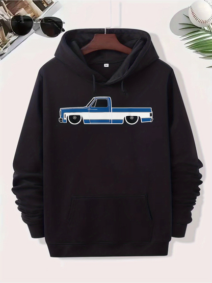 Men's Graphic Hoodie Classic Blue And White Pickup Truck Design Surrounded By Minimalist Retro Motif Truck