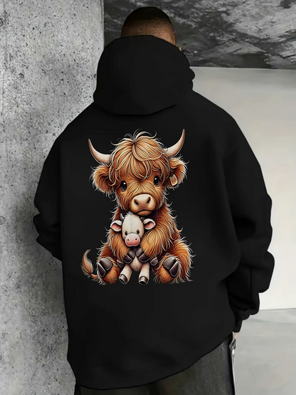 Men's Graphic Hoodie Fluffy Brown Highland Cow Hugging Cute Small Plush Toy Calf