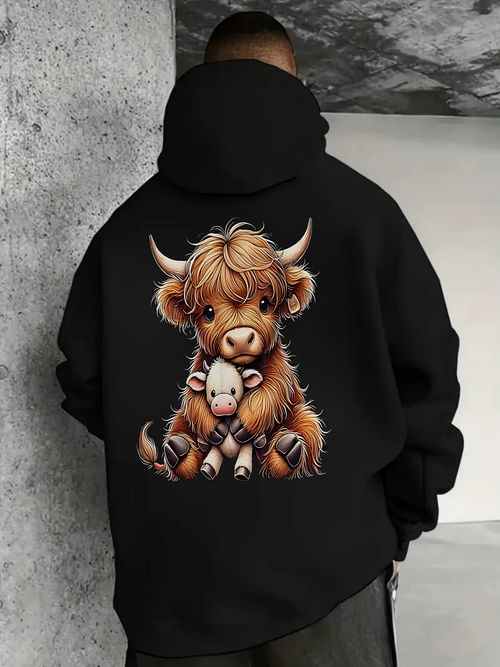 Men's Graphic Hoodie Fluffy Brown Highland Cow Hugging Cute Small Plush Toy Calf