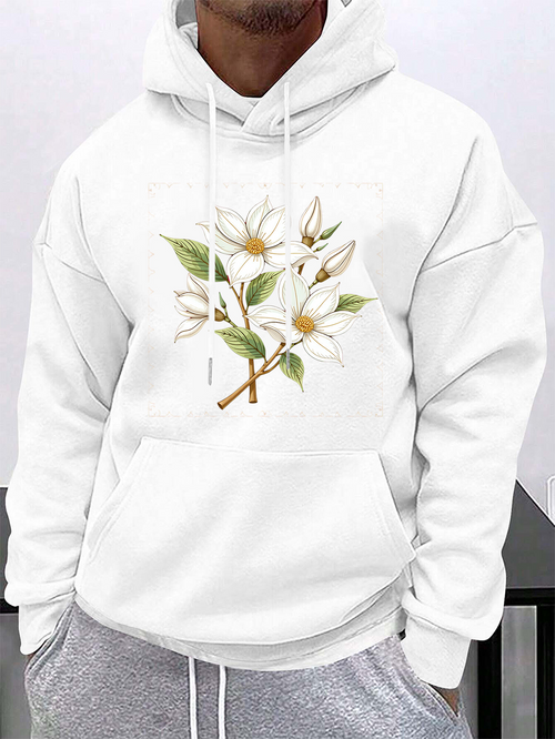 Men's Graphic Hoodie Elegant White Blossoms With Soft Green Leaves On Branches Flower