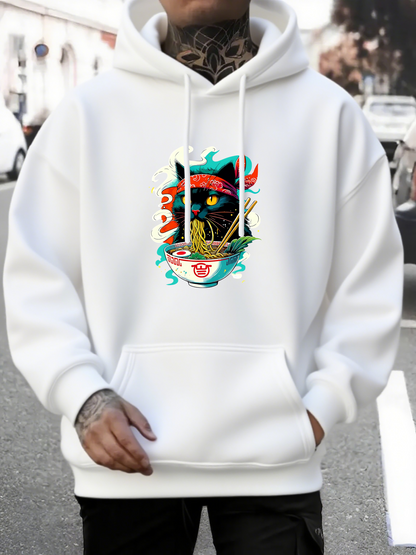 Men's Graphic Hoodie Fiery Ramen Bowl With Steaming Noodles Surrounding A Majestic Black Cat