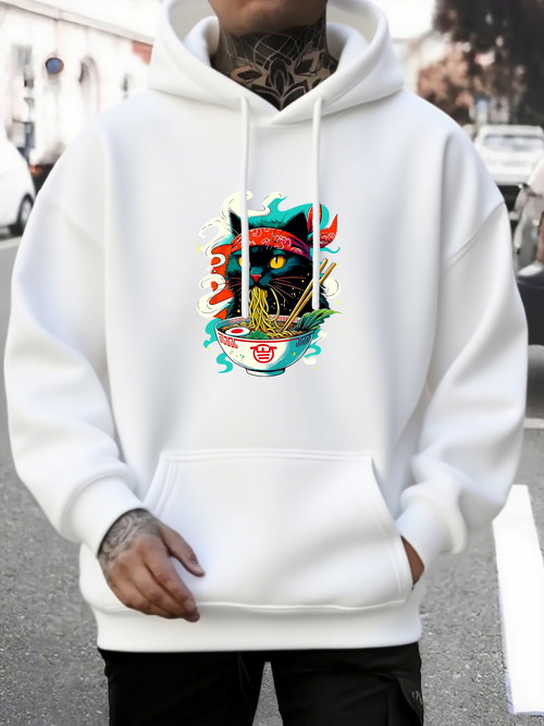 Men's Graphic Hoodie Fiery Ramen Bowl With Steaming Noodles Surrounding A Majestic Black Cat