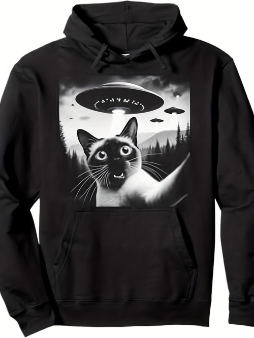 Men's Graphic Hoodie Curious Cat With UFOs And Mysterious Night Forest Scene Cat