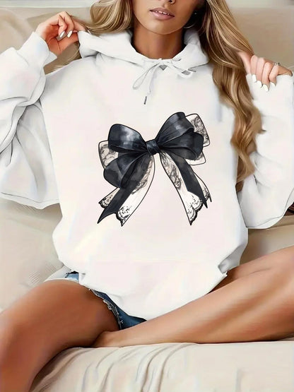 Women's Graphic Hoodie Elegant Satin Ribbon With Lace Detailing And Flowing Loops Bow