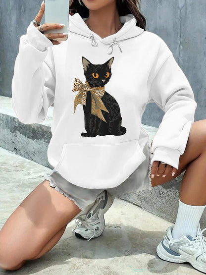 Women's Graphic Hoodie Elegant Black Cat With Golden Bow Sitting Calmly Cat