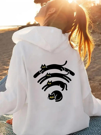 Women's Graphic Hoodie Abstract Symbol With Four Whimsical Black Cats On Hoodie