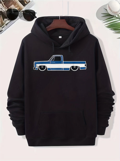 Men's Graphic Hoodie Classic Blue Stripe Among Sleek Outline And Vintage Pickup Truck