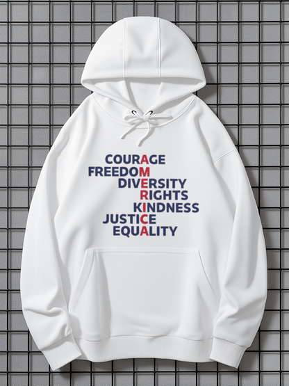 Men's Graphic Hoodie Courage Freedom Diversity Rights Kindness Justice Equality Among Layered Block Letters Hoodie