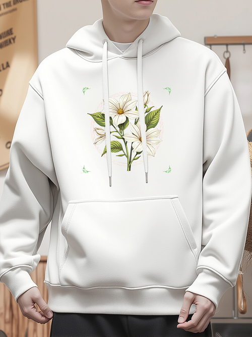Men's Graphic Hoodie Elegant Green Leaves With Delicate White Blossoms Flower