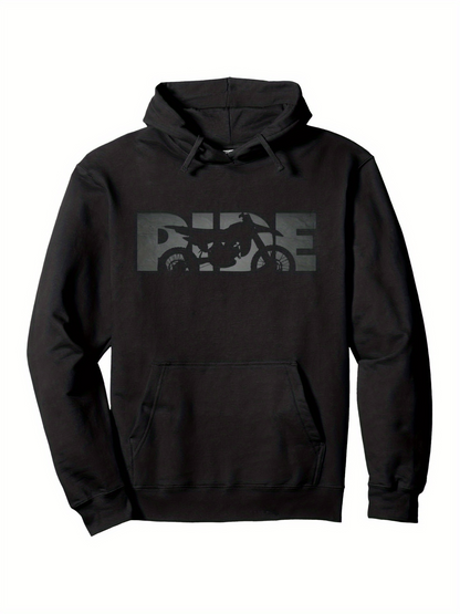 Men's Graphic Hoodie Ride Bold Block Letters With Shadowy Motorcycle Silhouette Among Dark Background Hoodie