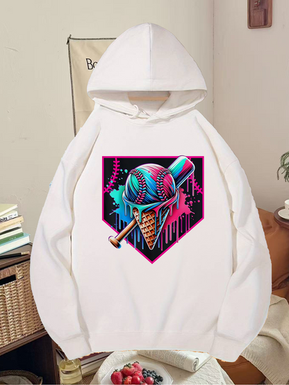 Men's Graphic Hoodie Vibrant Neon Swirl With Melting Ice Cream Cone And Baseball Bat