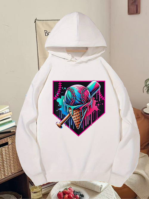 Men's Graphic Hoodie Vibrant Neon Swirl With Melting Ice Cream Cone And Baseball Bat