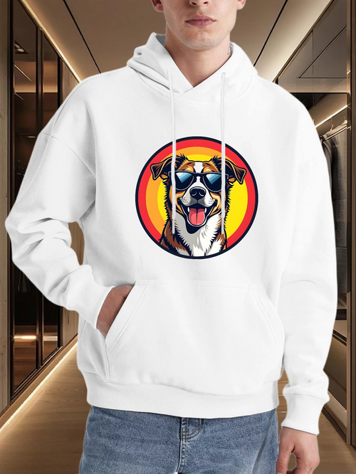 Men's Graphic Hoodie Vibrant Retro Sunset With Happy Dog Wearing Sunglasses