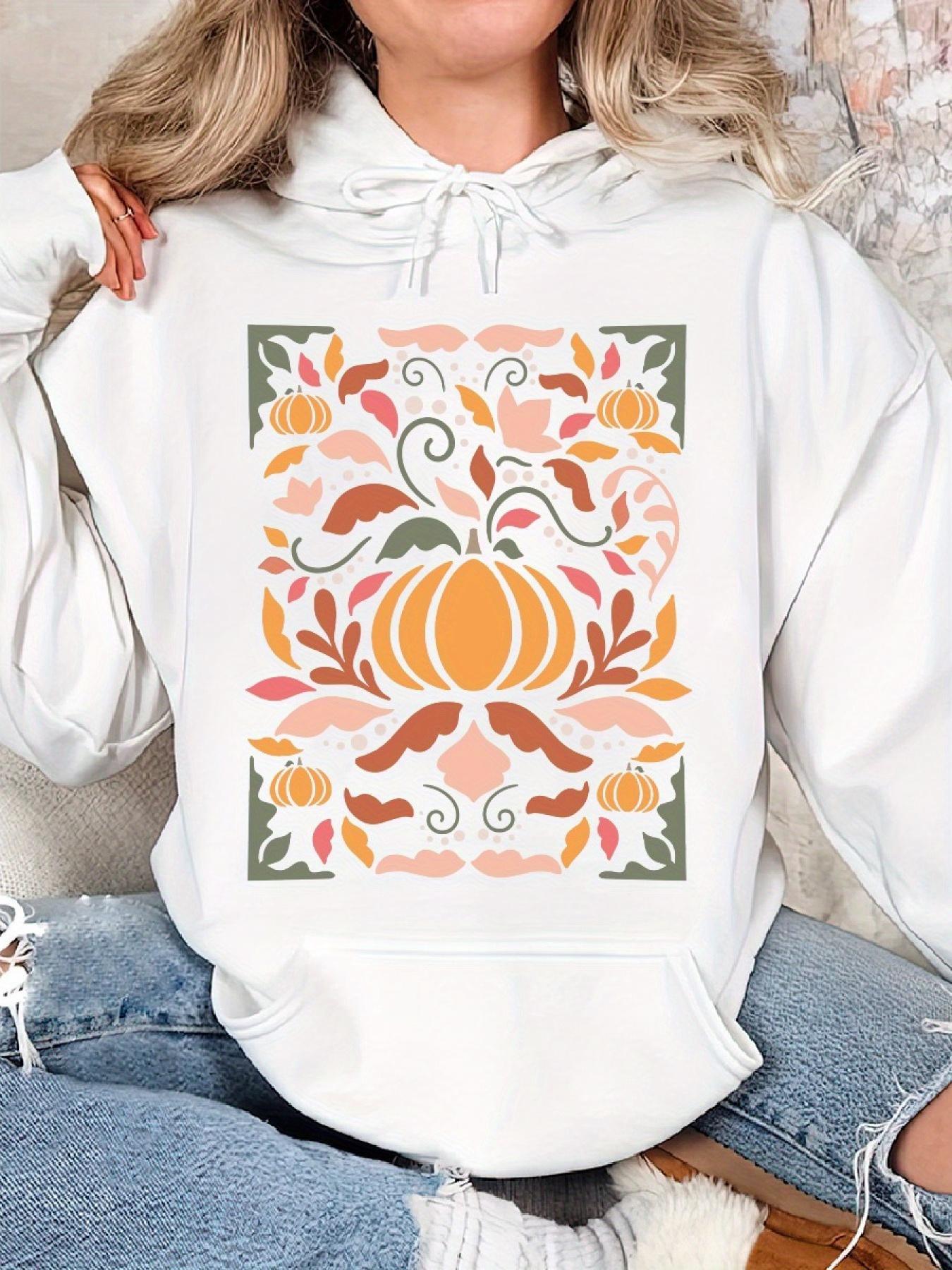 Women's Graphic Hoodie Harvest Leaves With Flourishing Autumn Pumpkin Surrounded By Pastel Florals Pumpkin