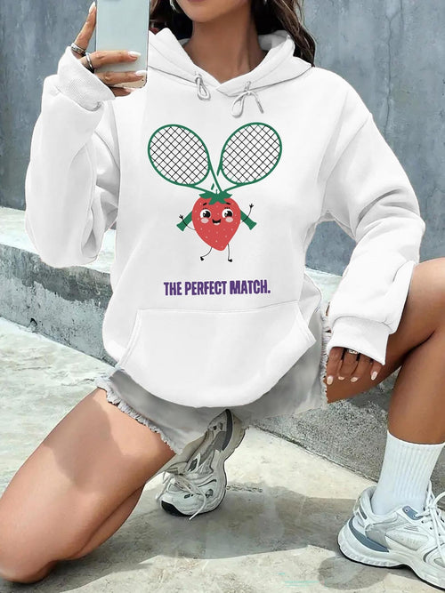 Women's Graphic Hoodie The Perfect Match With Smiling Strawberry And Tennis Rackets Print