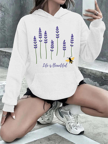 Women's Graphic Hoodie Life Is Beautiful Purple Lavender Flowers With Buzzing Bee Under Sunlight