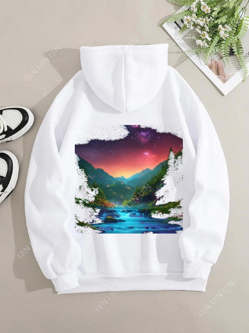 Women's Graphic Hoodie Misty Aurora Over Blue Lake Surrounded By Mountains Night Landscape