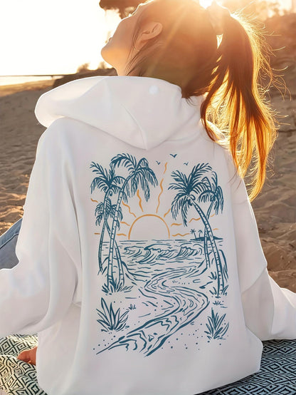 Women's Graphic Hoodie Golden Sunset With Winding River And Palm Trees Beach Landscape