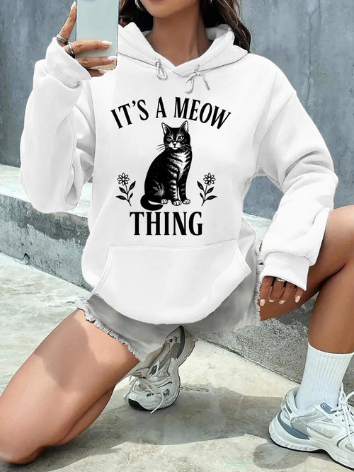 Women's Graphic Hoodie Its A Meow Thing Black Cat Sitting Among Decorative Leaves