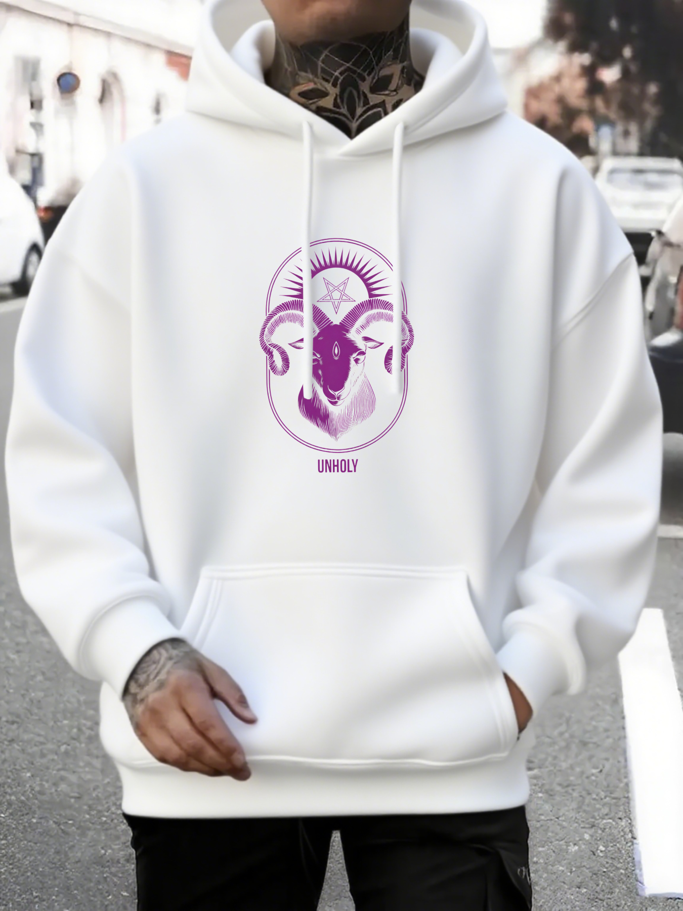Men's Graphic Hoodie Minimalist Neon Linework Goat Head Under Gentle Streetlight Hoodie