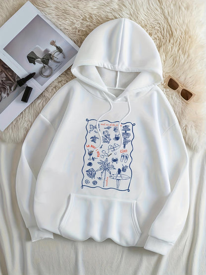 Women's Graphic Hoodie Charming Blue Garden With Whimsical Botanical Illustrations And Hand Drawn Lines Flowers