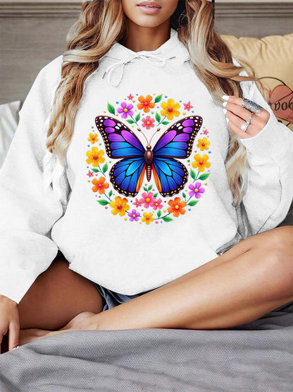 Women's Graphic Hoodie Colorful Wildflowers With Bright Vibrant Butterfly Surrounded By Cheerful Garden Butterfly