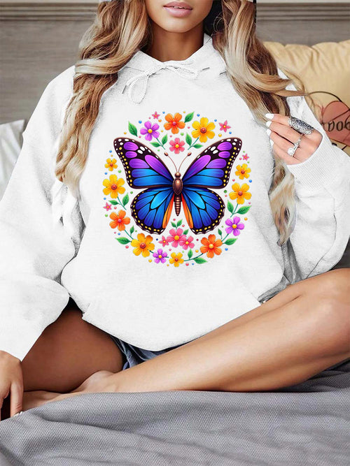 Women's Graphic Hoodie Colorful Wildflowers With Bright Vibrant Butterfly Surrounded By Cheerful Garden Butterfly