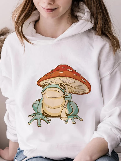 Women's Graphic Hoodie Whimsical Frog Resting Beneath A Large Red Mushroom Cap