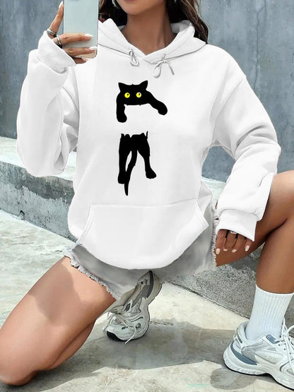 Women's Graphic Hoodie Playful Shadowy Cat With Bright Yellow Eyes Walking Under Sunlight Cat