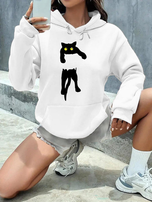 Women's Graphic Hoodie Playful Shadowy Cat With Bright Yellow Eyes Walking Under Sunlight Cat