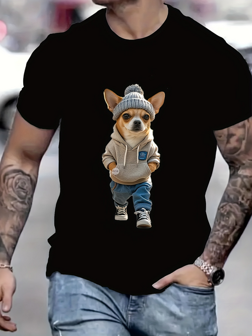 Men's Graphic T-Shirt Stylish Brown Dog Wearing Gray Knit Beanie And Casual Clothes Hoodie