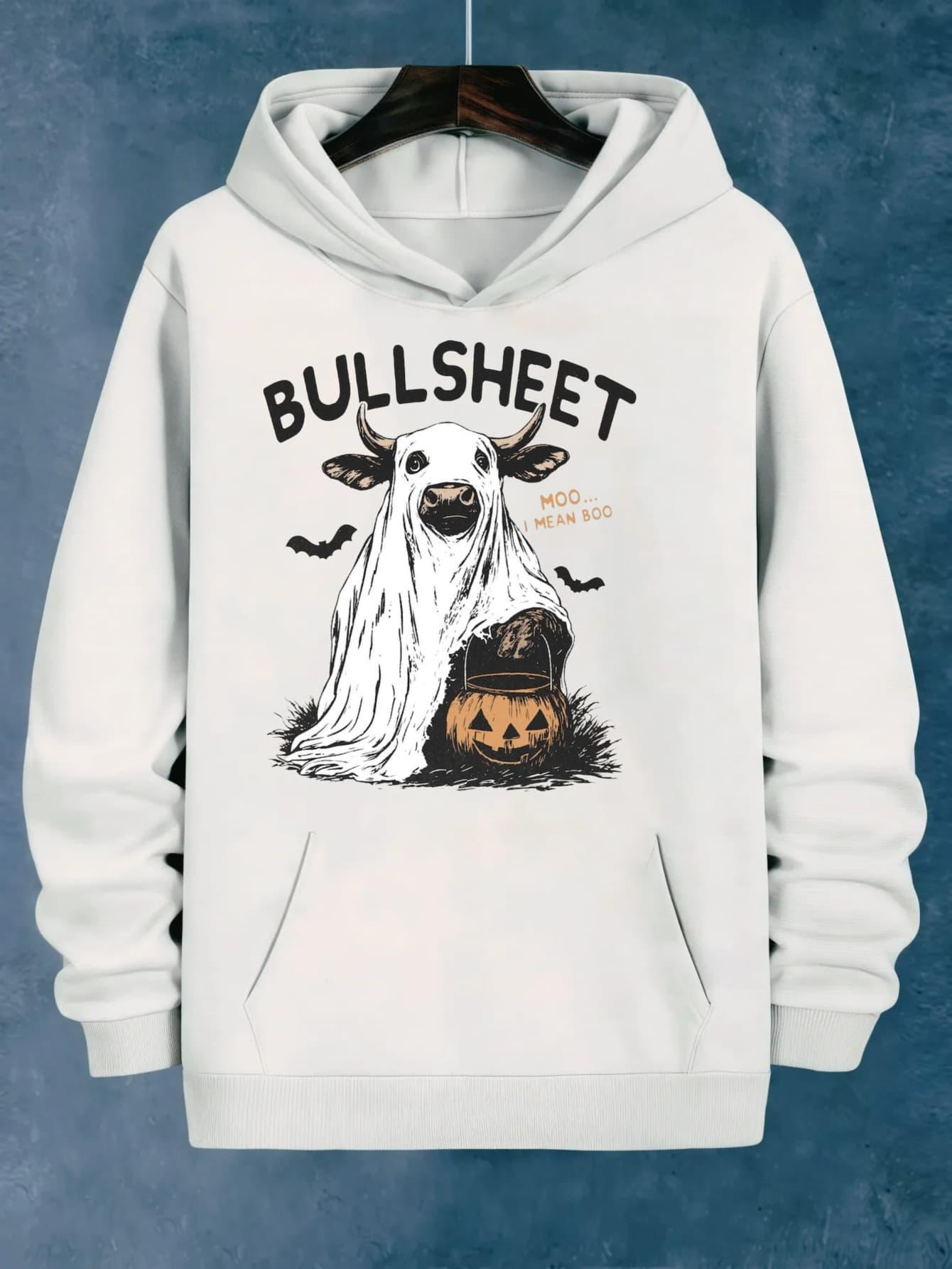 Men's Graphic Hoodie Bullsweet Ghostly Costume Pumpkin And Playful Cow Hoodie