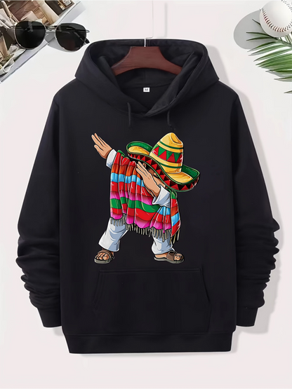 Men's Graphic Hoodie Colorful Striped Poncho With Wide Brimmed Hat Dancing Figure