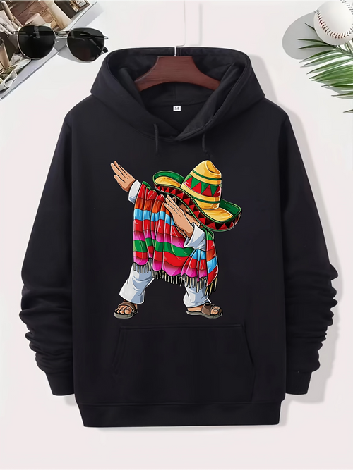 Men's Graphic Hoodie Colorful Striped Poncho With Wide Brimmed Hat Dancing Figure