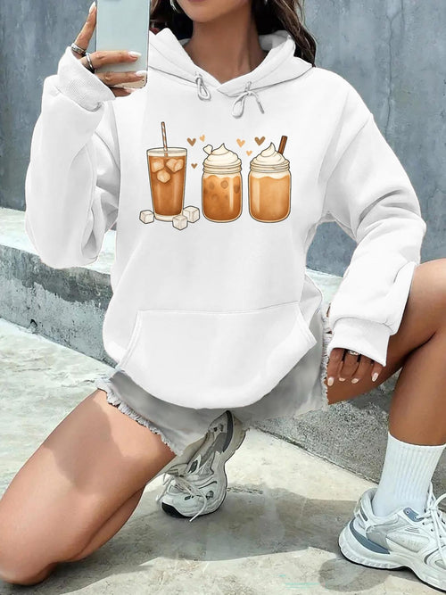 Women's Graphic Hoodie Iced Coffee With Decorative Hearts Surrounded By Three Charming Drinks
