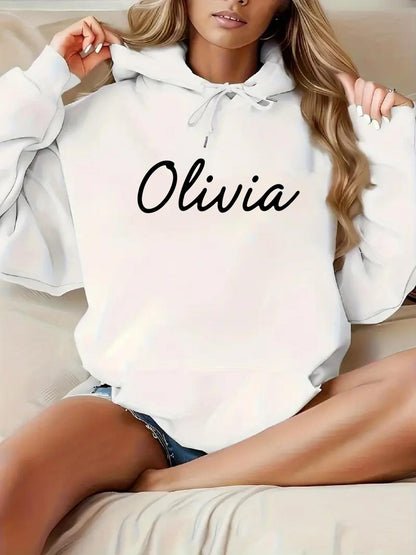 Women's Graphic Hoodie Olivia Elegant Script Personal Name White Hoodie