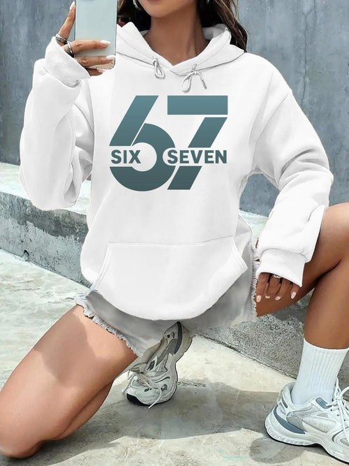 Women's Graphic Hoodie Six Seven Monochrome Bold Lettering Under Oversized Numerals Hoodie