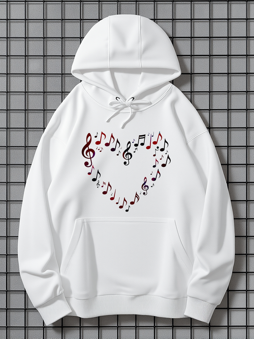 Men's Graphic Hoodie Melodic Heart Shaped Pattern With Colorful Musical Notes Surrounded By Rhythm Symbols