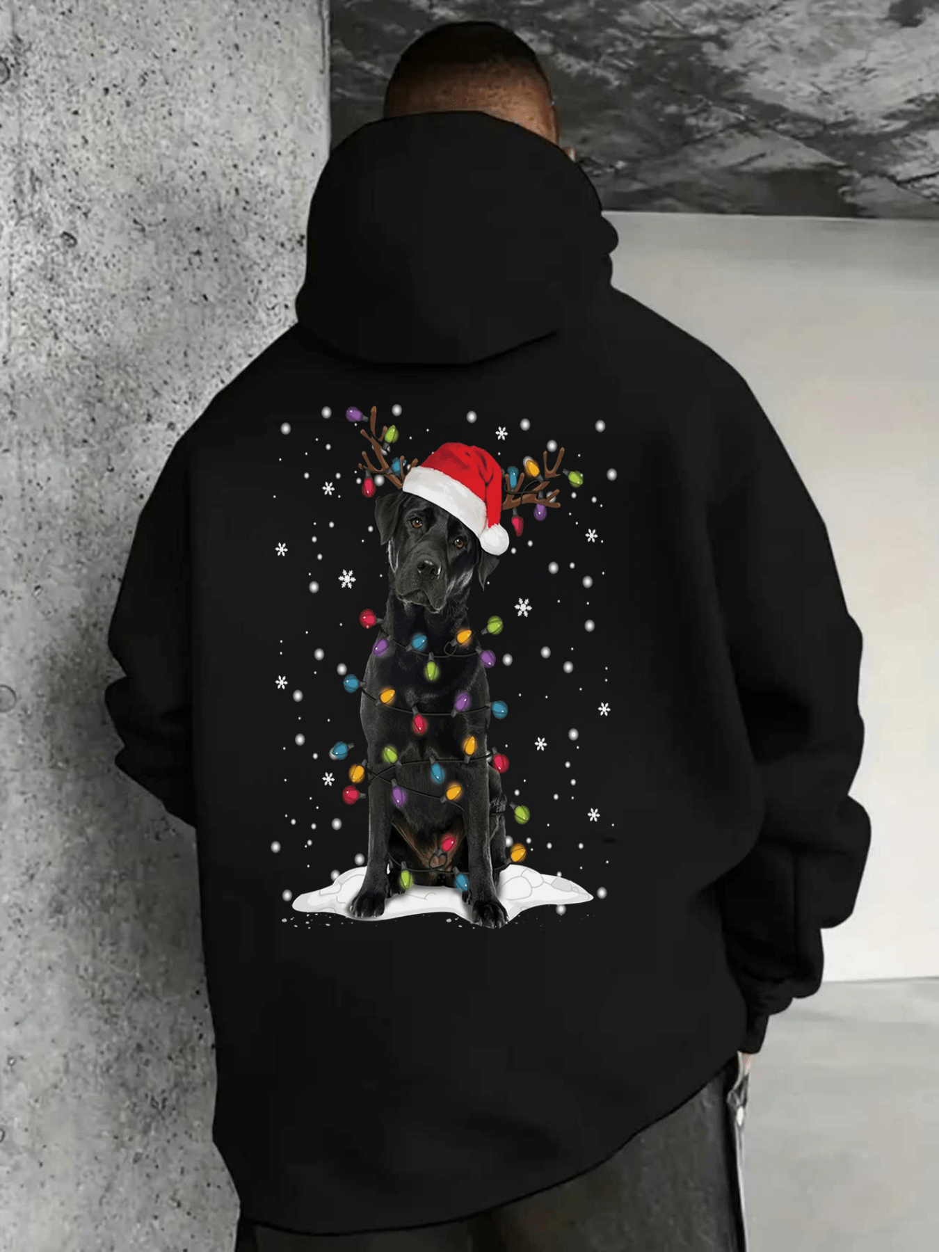 Men's Graphic Hoodie Playful Winter Snow With Colorful Lights And Festive Hat Dog