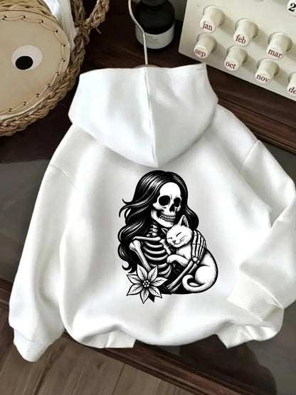 Women's Graphic Hoodie Dark Skeleton Lady With Flowing Hair Holding Sleeping Cat
