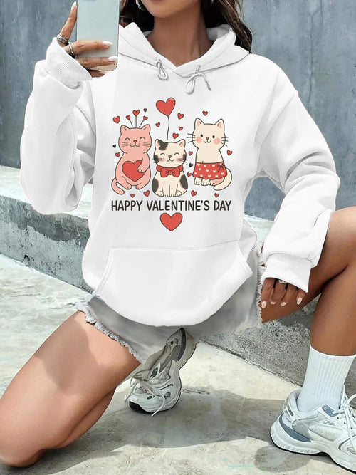 Women's Graphic Hoodie Happy Valentines Day Adorable Cartoon Cats With Hearts Sketched In Soft Pastel Colors