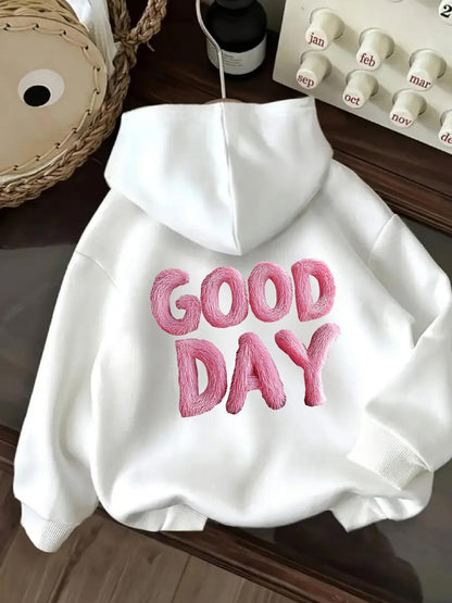 Women's Graphic Hoodie Good Day Pink Bold Letters On Cozy White Hoodie