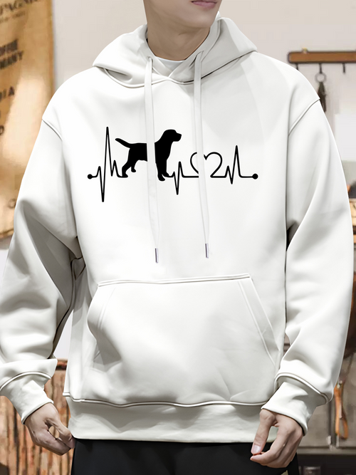 Men's Graphic Hoodie Heartbeat Line With Playful Puppy Silhouette On White Hoodie