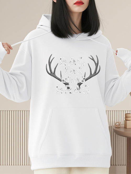 Women's Graphic Hoodie Snowy Antlers With Abstract Ink Patterns Surrounding A Noble Deer