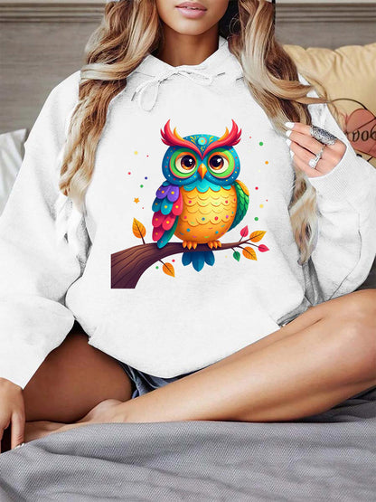 Women's Graphic Hoodie Colorful Autumn Leaves With Bright Patterns Perched On Peaceful Branch Owl