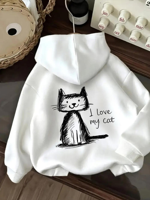 Women's Graphic Hoodie I Love My Cat Sketch Drawing Beside A Playful Sitting Cat