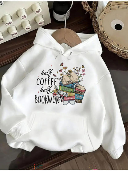 Women's Graphic Hoodie Half Coffee Half Bookworm Surrounded By Stacked Books And Coffee Cup Cat