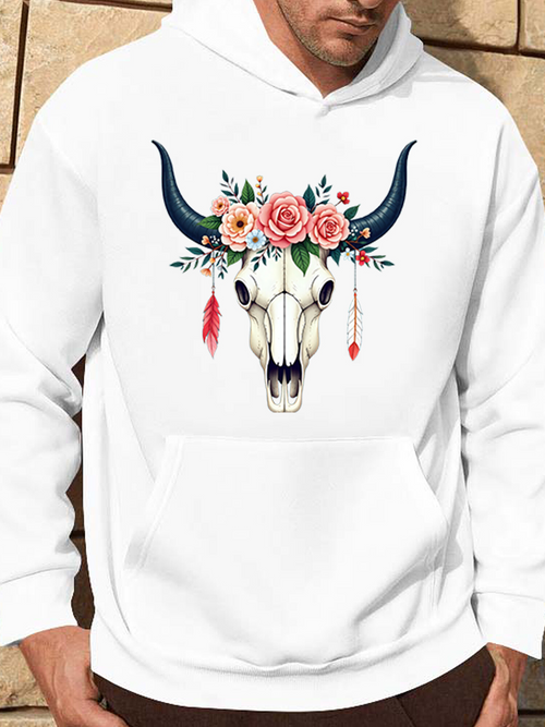 Men's Graphic Hoodie Floral Crowned Bull Skull With Feathers And Pink Roses Skull